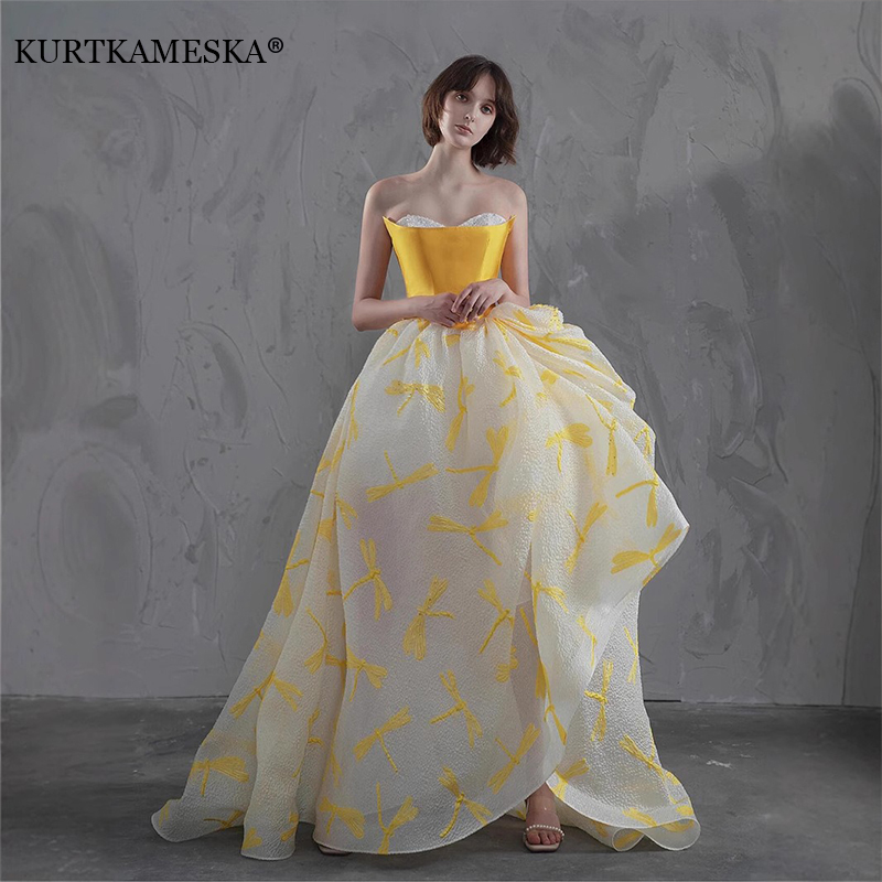 Embroidery Yellow Dress - Elegant Yellow Satin Top Pageant Wedding