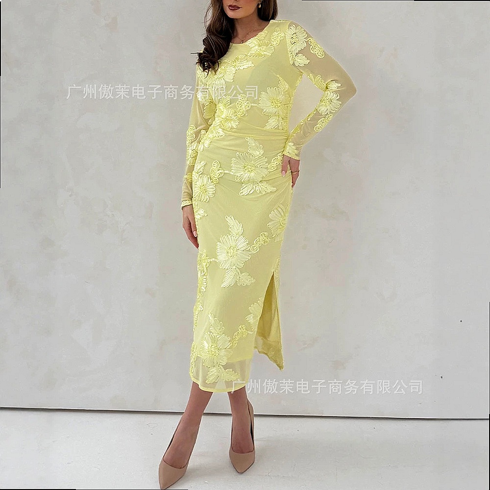 Bright Yellow 3D Floral Embroi - Embroidery Yellow Dress 评论和价格