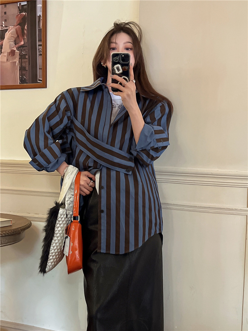 Korean striped shirt with asym - Embroidery Online 评论和价格