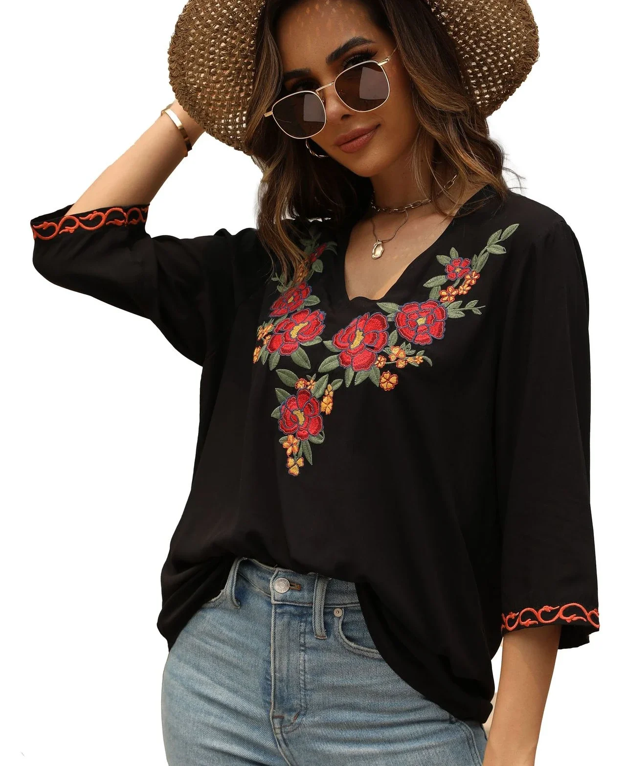 TEELYNN Casual Black Cotton Ra - Embroidery Cotton Shirt 评论和价格