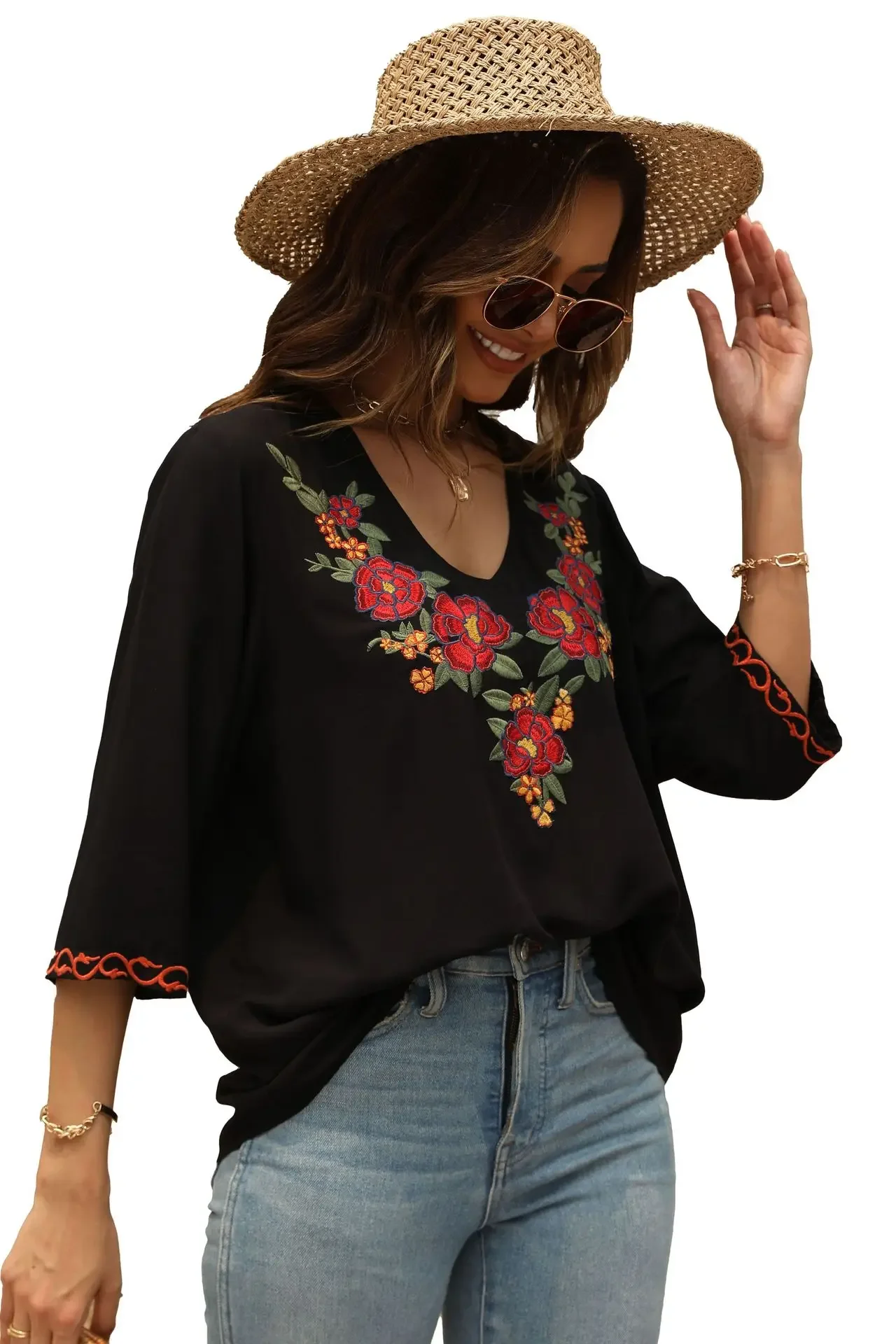 TEELYNN Casual Black Cotton Ra - Embroidery Cotton Shirt 评论和价格