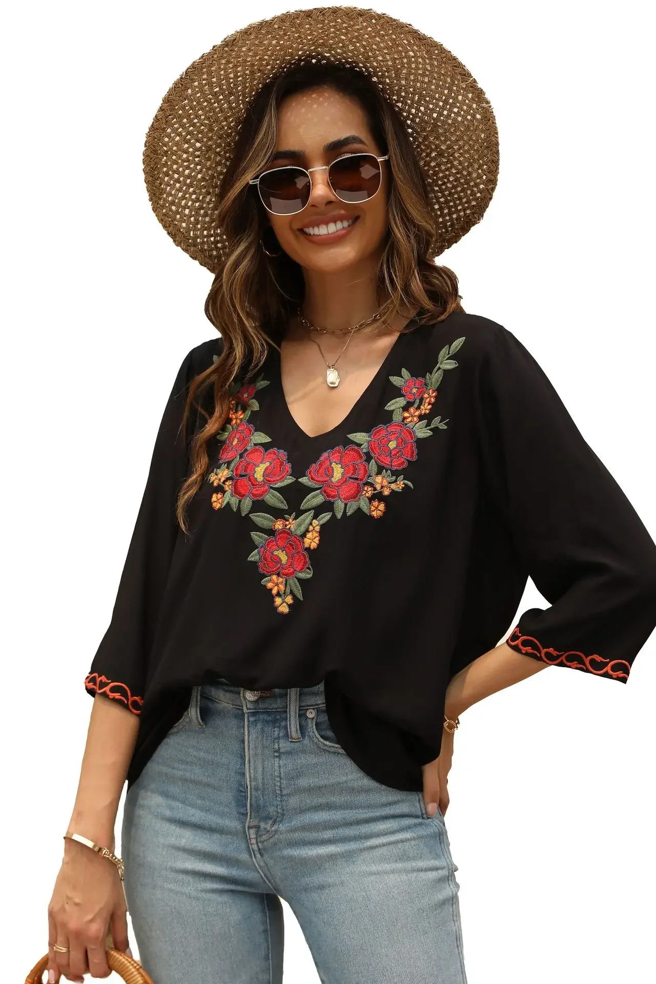 TEELYNN Casual Black Cotton Ra - Embroidery Cotton Shirt 评论和价格
