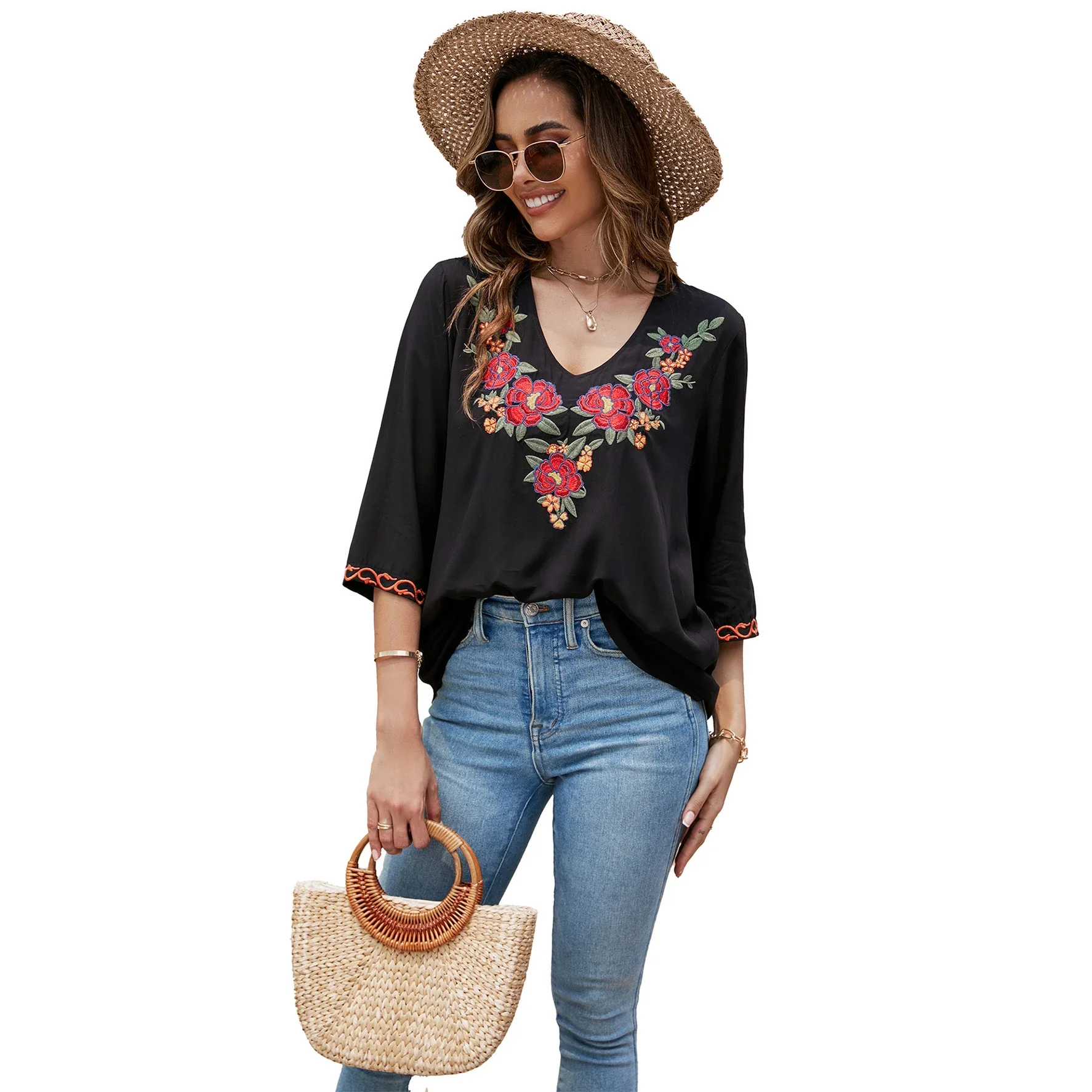TEELYNN Casual Black Cotton Ra - Embroidery Cotton Shirt 评论和价格